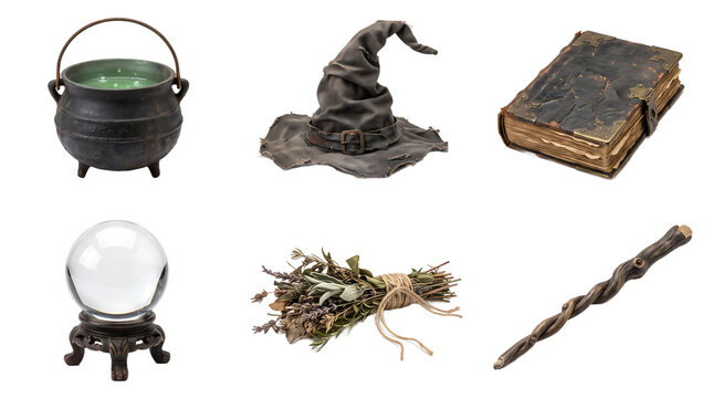 Witchcraft tools and magical items isolated on transparent background