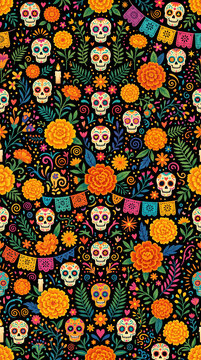 Calavera and marigold folk pattern with papel picado on dark background