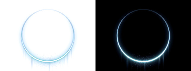 Ring with a bright glowing cyan blue lower edge, thin vertical light streaks and tiny sparkling particles for futuristic interface designs in PNG, Transparent and Black Background Versions © Nyxthrasza