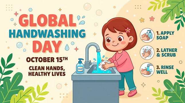 Global Handwashing Day. Child Washing Hands with Soap and Water. Hygiene Education and Health Awareness. Colorful Cartoon Illustration