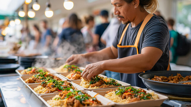 Chef Serving Food A male chef with an apron carefully arranges a delicious meal in a takeaway container, with a blurred background of people waiting in line.
