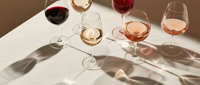 Gourmet wine culture captured in warm natural light six crystal glasses of red, white, and ros cast prismatic shadows across a luxurious marble surface. Perfect for hospitality, lifestyle.