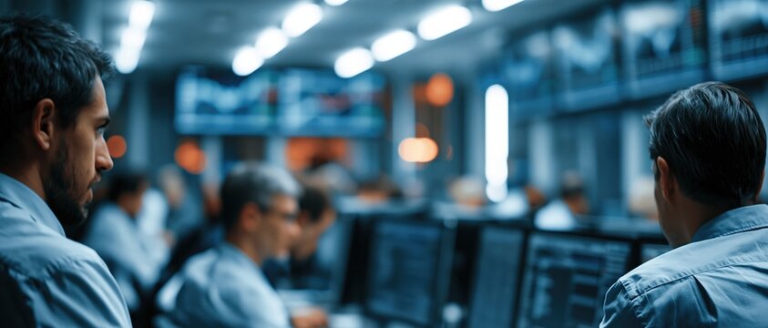 High stakes decision making unfolds on a bustling trading floor as professionals monitor live financial data across multiple screens. Ideal for fintech, investment, and market volatility.