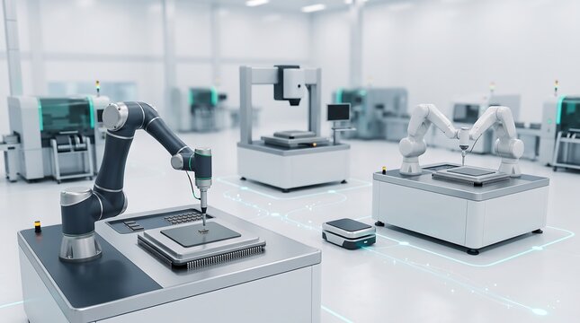 Collaborative robotic arms working on high precision electronics assembly in sterile white manufacturing facility with glowing data network connections between automated stations