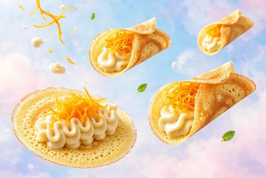 Thai khanom bueang crispy crepe with sweet cream and foi thong floating, 5K