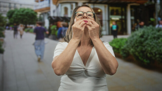 Woman with glasses raises hands and blows a kiss with puckered lips on a busy street; affection warmth.