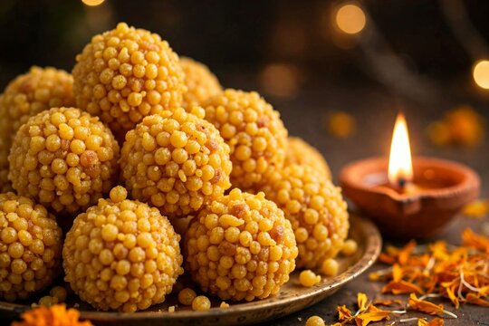 Boondi laddus sit piled on a metallic thali beside a burning clay diya lamp and scattered marigold petals.