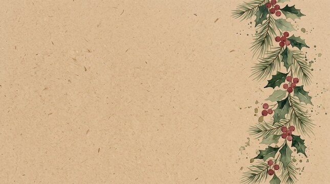 Christmas festive background featuring pine branches and red holly berries