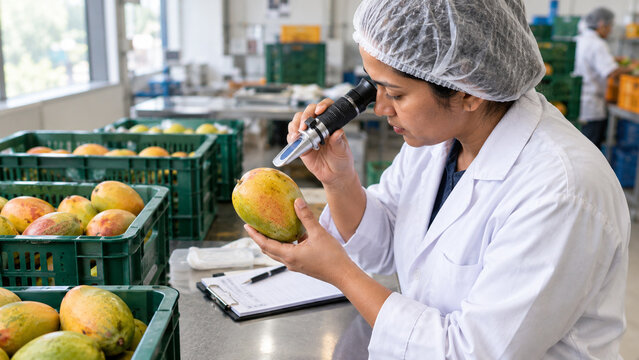 inspector checking mango quality with refractometer in food lab