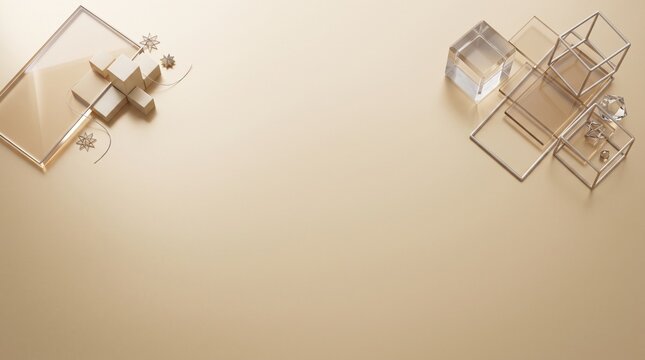 Gold cosmetic background with transparent glass cubes and podium blocks