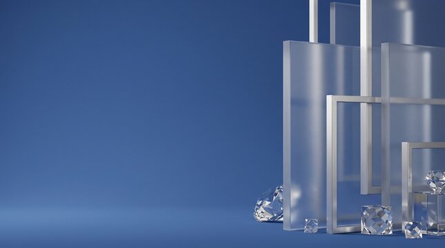 Blue product background featuring frosted glass panels and geometric blocks