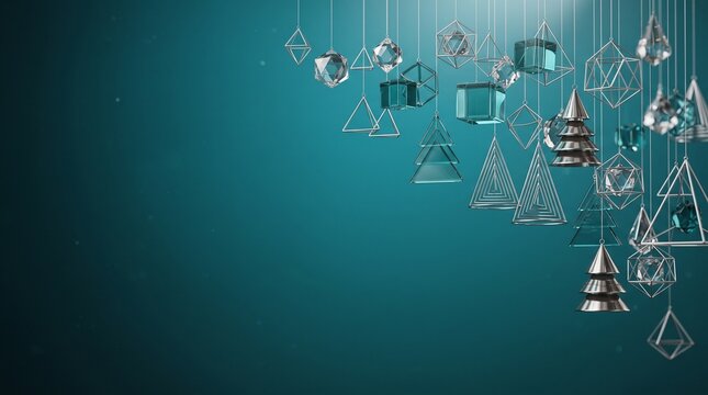 Abstract hanging christmas ornaments in geometric glass shapes on teal