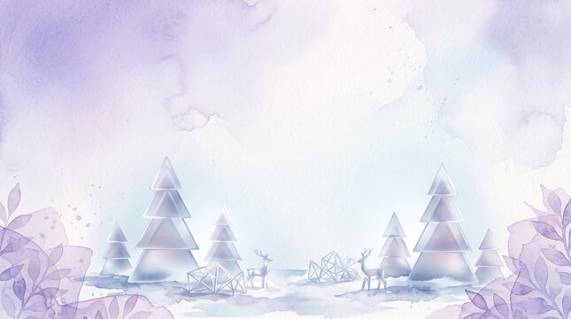 Abstract winter landscape illustration with snowy pine trees and deer