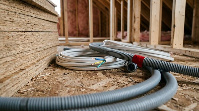 Electrical conduit and wiring on construction site, flexible grey tubing for house installation, residential building materials and wooden framing