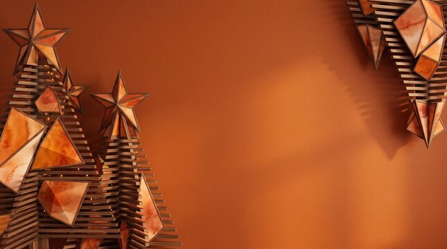 Abstract minimalist christmas trees on warm terracotta brown background