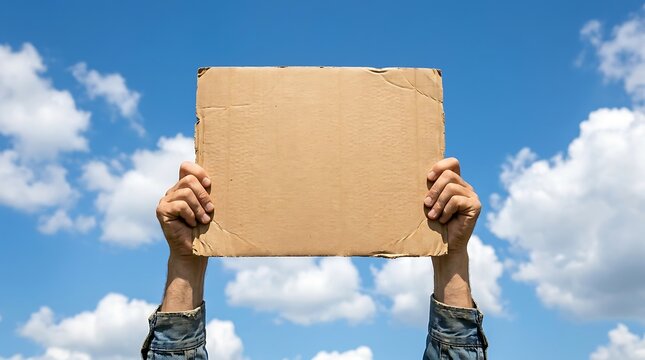 Person holding empty cardboard placard high in the air against bright blue sky with white clouds during sunny outdoor protest event demonstration message