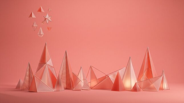 Pink paper craft christmas trees background with copy space