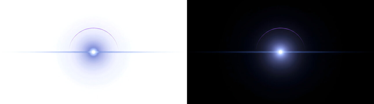 Lens flare with a bright white core, soft blue violet glow, a thin purple arc and a horizontal light streak for cinematic overlays in PNG, Transparent and Black Background Versions