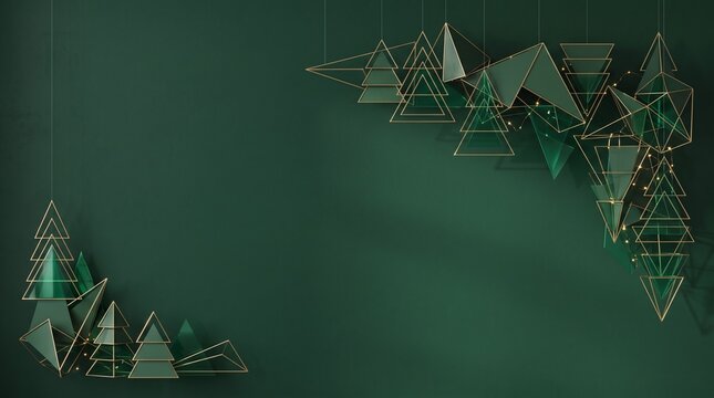 Abstract geometric christmas tree decorations hanging on dark green background