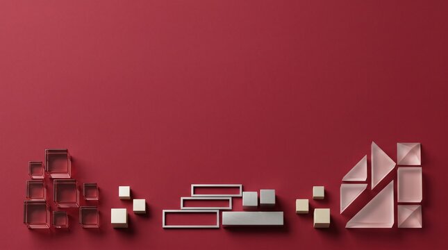 Minimalist geometric shapes and blocks on deep red background with minimalist