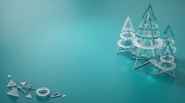 Transparent crystal christmas trees on turquoise background with copy space