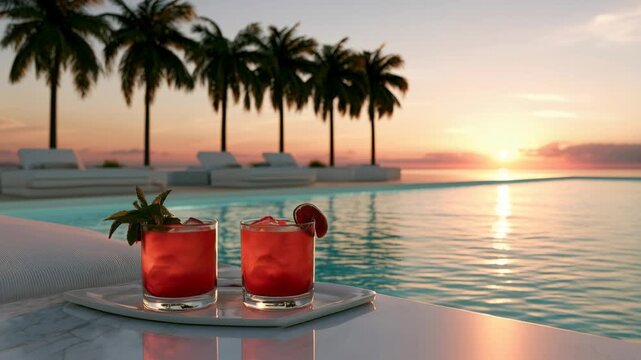 Beautiful sunset at a poolside with drinks on a warm evening