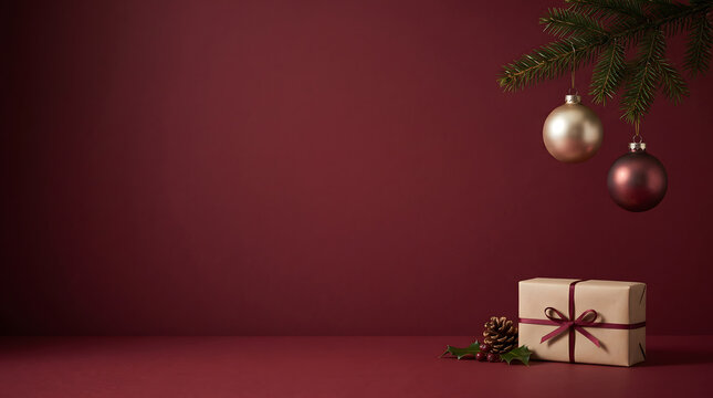 Minimalist gift box with hanging ornaments on a dark red background for chirstmas holiday celebration