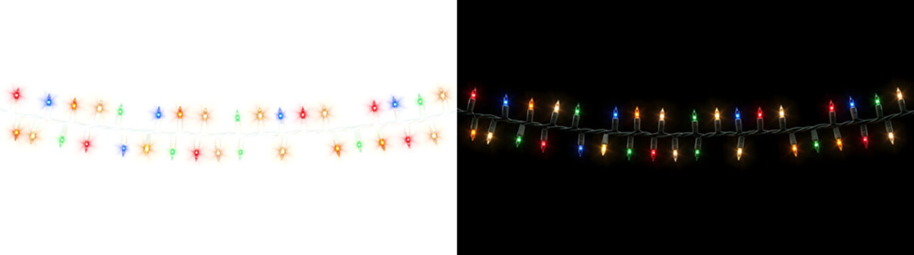Christmas string lights with glowing red, blue, green, orange and warm white bulbs along a wire garland for festive designs in PNG, Transparent and Black Background Versions