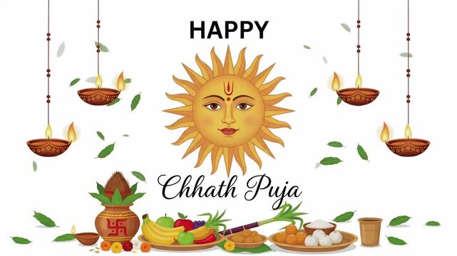 Happy Chhath Puja Greeting Motion Graphic with Sun God Surya, Kalash, and Fruit Basket Animation
