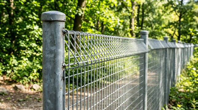 Industrial metal wire mesh fence, galvanized steel security fencing in a sunny park, protective wire grid barrier for garden and nature areas