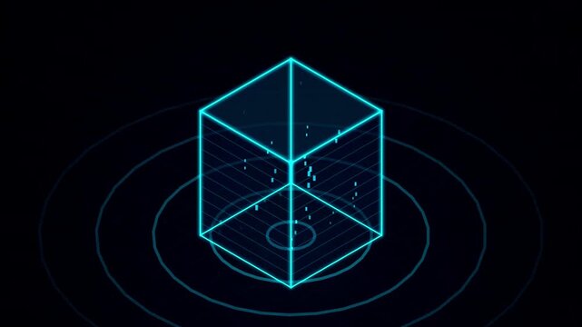 Abstract technology background with a glowing holographic cube and digital particles, representing data, blockchain, and futuristic concepts.