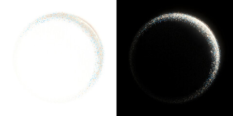Circular ring of fine glowing gold and blue particles with a bright crescent edge and soft dusty fade for elegant frame designs in PNG, Transparent and Black Background Versions © Nyxthrasza