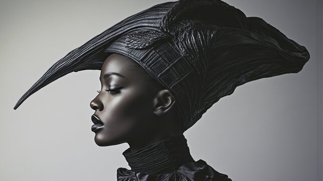Elegant woman portrait side profile black headwear