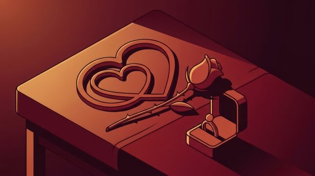 Engagement ring in box with rose and hearts on a table