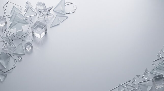 Assorted clear glass geometric shapes on a light grey background with geometric