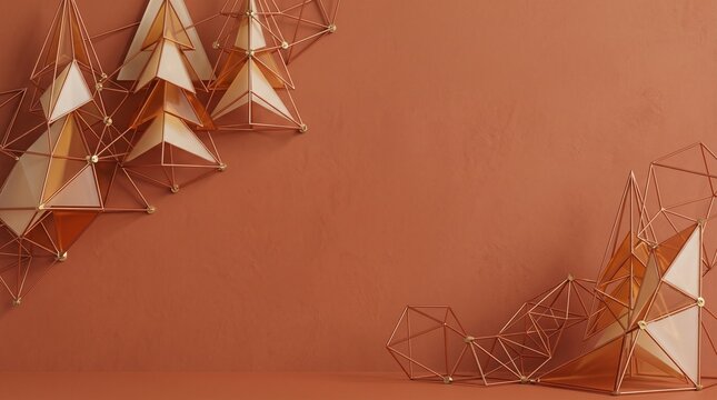 Abstract geometric 3D christmas tree structures on a terracotta background