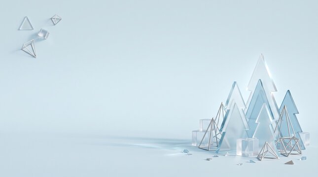 Abstract crystalline christmas tree sculptures on a soft light blue background