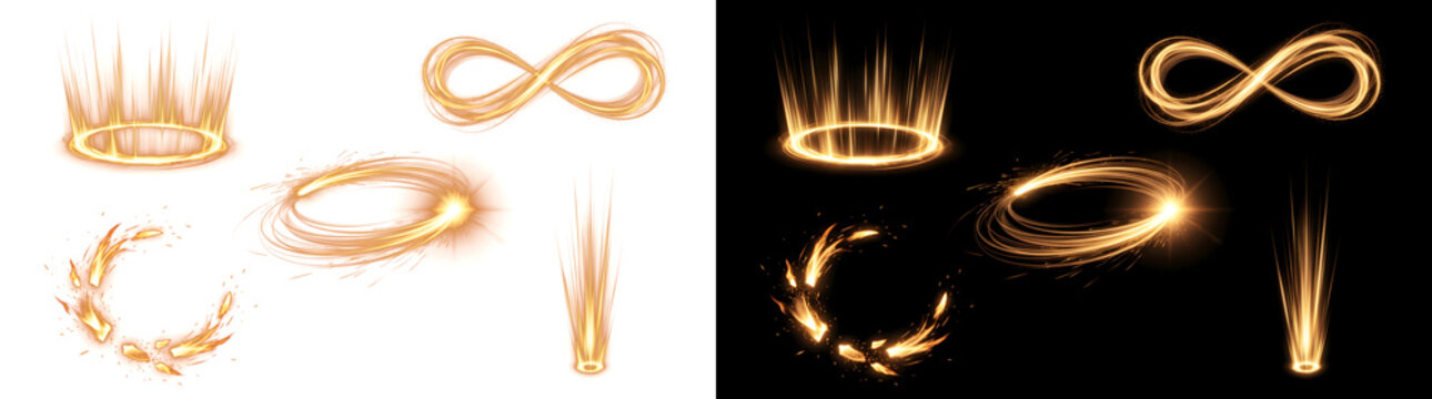 Set of golden glowing light effects with a magic portal, infinity loop, spiral trail, fire swirl and light pillar for fantasy designs in PNG, Transparent and Black Background Versions