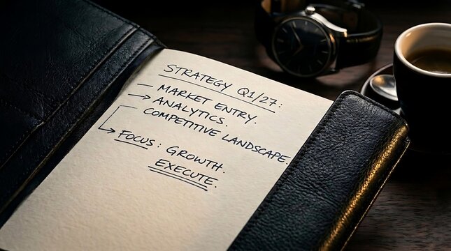 Professional business strategy notes in leather notebook for executive business strategy session with espresso and watch focusing on growth and business strategy execution for Q1