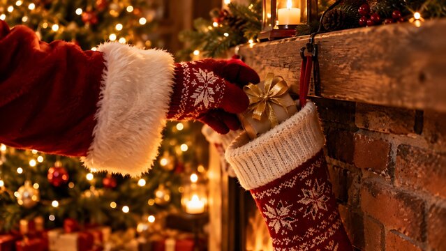 Santa claus hand putting wrapped gift inside christmas stocking on fireplace