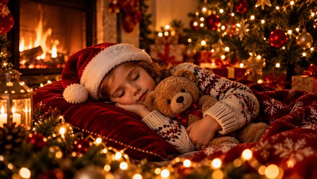 Cute little girl sleeping with teddy bear on christmas eve near fireplace