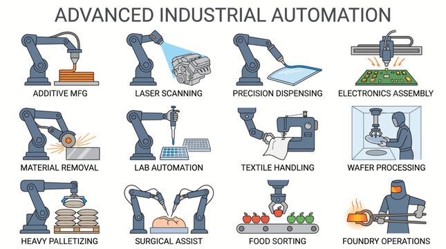 A detailed illustration of advanced industrial automation concepts showcasing various robotic arms and functions used in manufacturing and production processes.