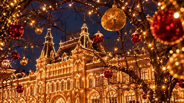 Majestic historic building illuminated with golden lights for christmas festival