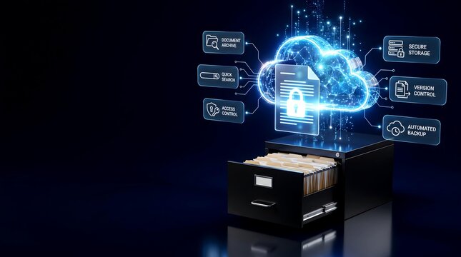 Digital cloud storage system with filing cabinet document archive quick search access control secure storage version control and automated backup icons