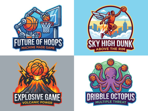This set of dynamic basketball game logos features futuristic designs, highlighting themes of athleticism and excitement, perfect for sports branding and game promotions.