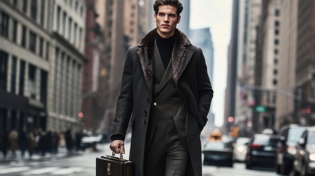 Stylish man in a coat walking down the city street