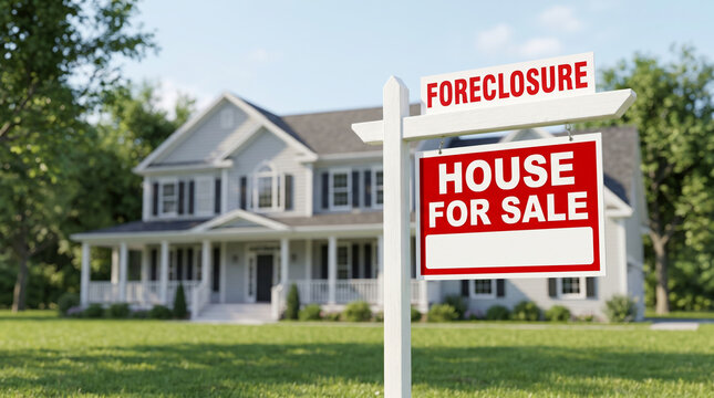 Housing yard front sale sign showing foreclosure notice beside suburban house with green lawn. Real estate property residential home estate dwelling. agent broker, ownership sale selling