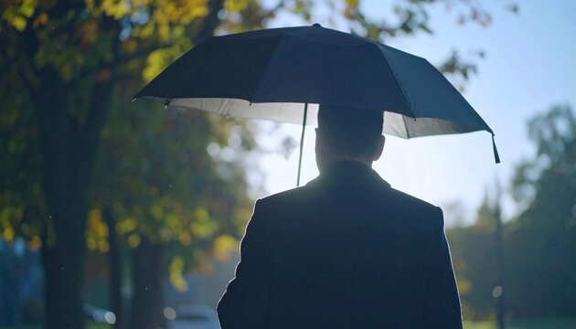 Man with umbrella walking in autumn park