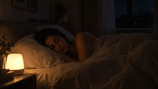 Woman sleeping in bed - serene evening scene