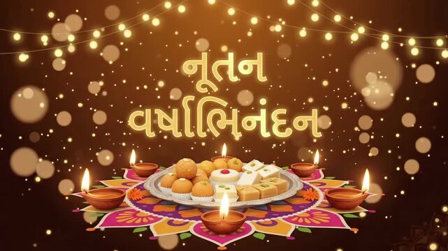 Nutan Varshabhinandan Gujarati New Year Greeting with Sweets Thali and Glowing Diyas Video Background
